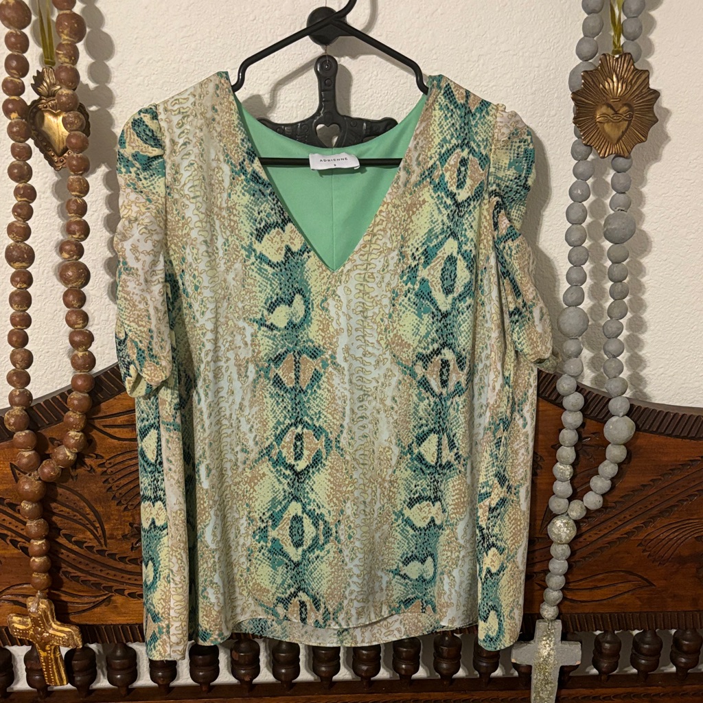 Adrienne Green And Cream Patterned Blouse